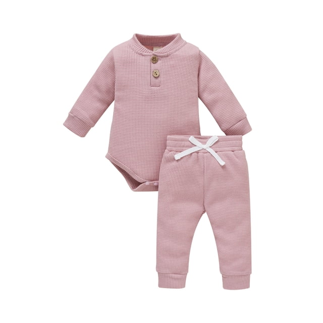 ITFABS Baby?s Solid Color Button Long Sleeve Romper and Tie-up Trousers Set