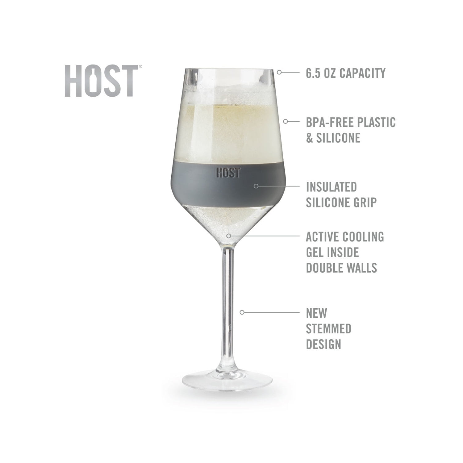 Host Wine Freeze Double Walled Stemmed Wine Glasses, 6.5oz Set of 2, Gray