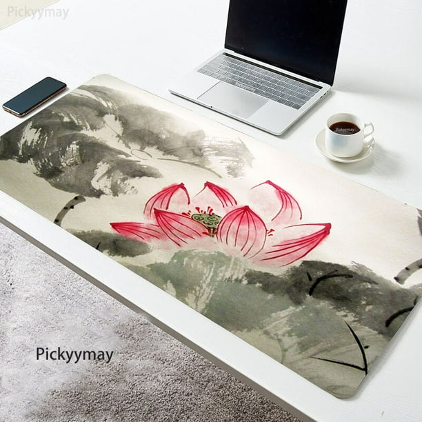 Alfombrilla de ratón grande para oficina, Alfombra de escritorio con pintura de tinta, flor de loto, accesorios de juego, alfombras de goma suave LIUWENJING unisex