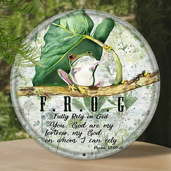 1pc Frog Fully Rely On God Vintage Round Metal Tin Signs for Street Garage Family Cafe Bar Farm Wall Bathroom Decoration Crafts Metal Tin Sign 8x8inch Round Shaped Aluminum Sign, Decorative Sign