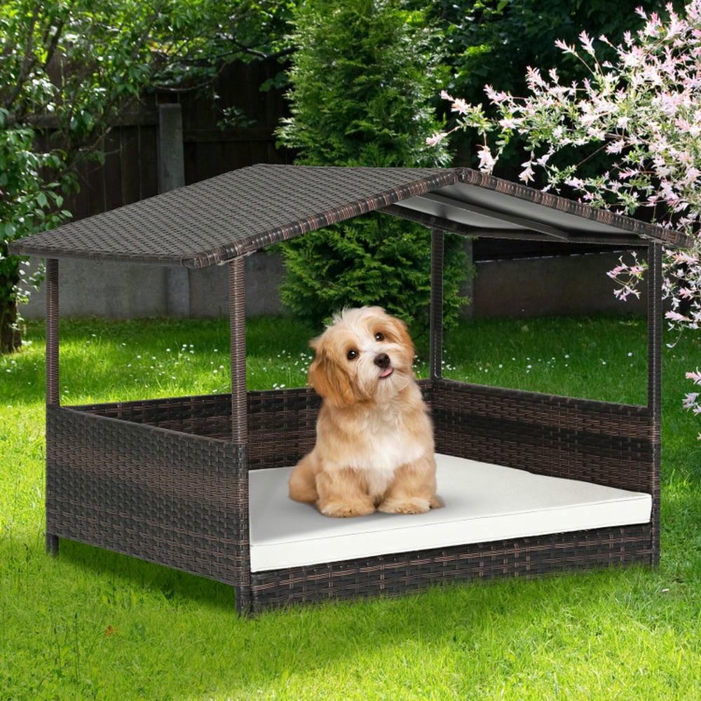 Barara King Dog Crate, Pet Crate, Pet Kennel, Outdoor Wicker Dog House with Weatherproof Roof-White