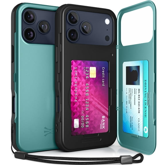TORU CX SLIM for iPhone 17 Pro Case | Slim Wallet Case with Hidden 2-Card Holder & Card Slot | Shockproof Heavy Duty Cover with Flip Kickstand | Mirror & Strap Included - Green