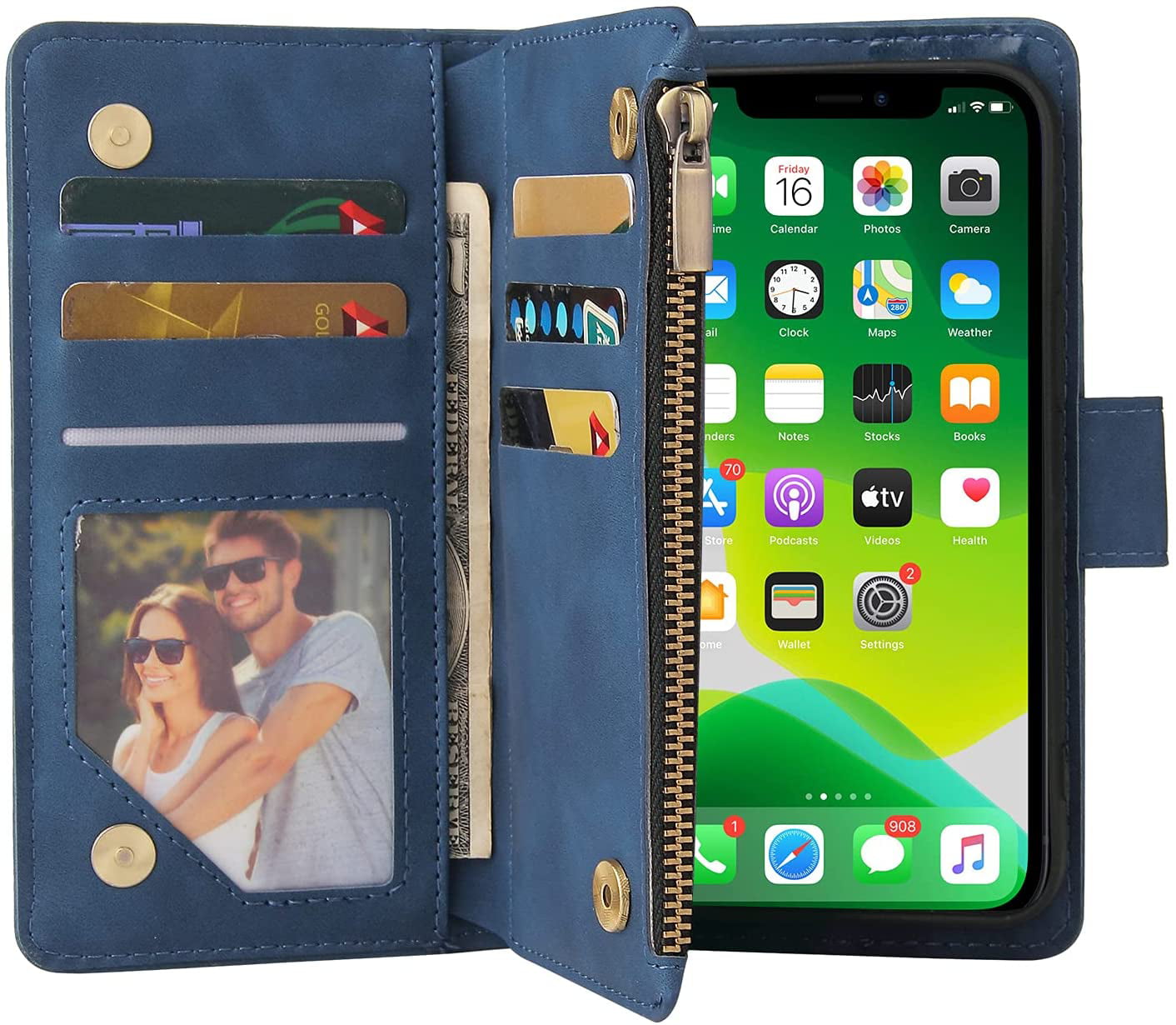 Asuwish Compatible with iPhone 13 6.1 Wallet Case Tempered Glass Screen Protector and Leather Magnetic Flip Cover Card Holder Stand Cell Accessories Phone Cases for iPhone13 5G i 13s Women Men Blue