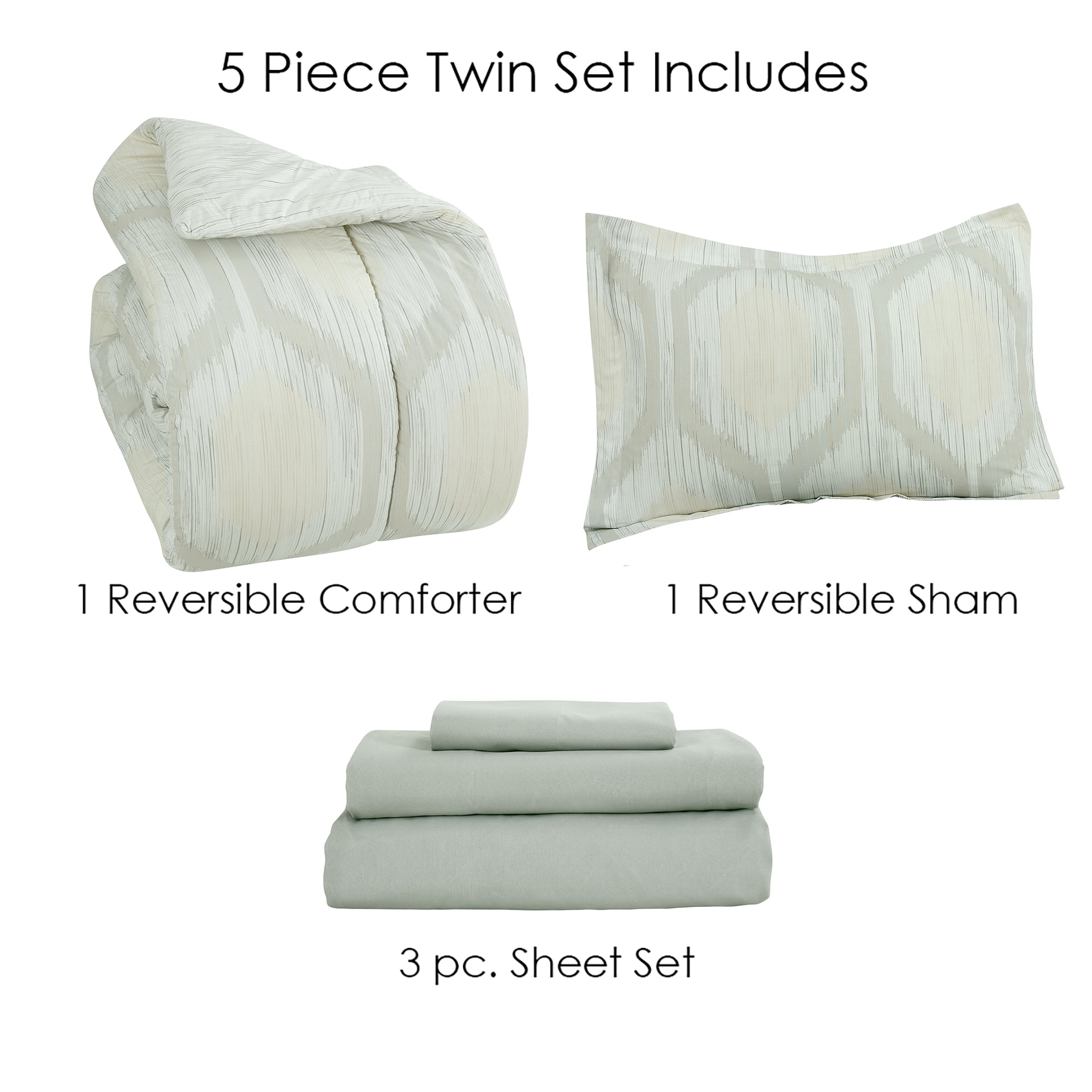 Twin Comforter Set, Hexagon Strié Soft, Breathable, Bed in a Bag with Strié Stripe Reverse Comforter