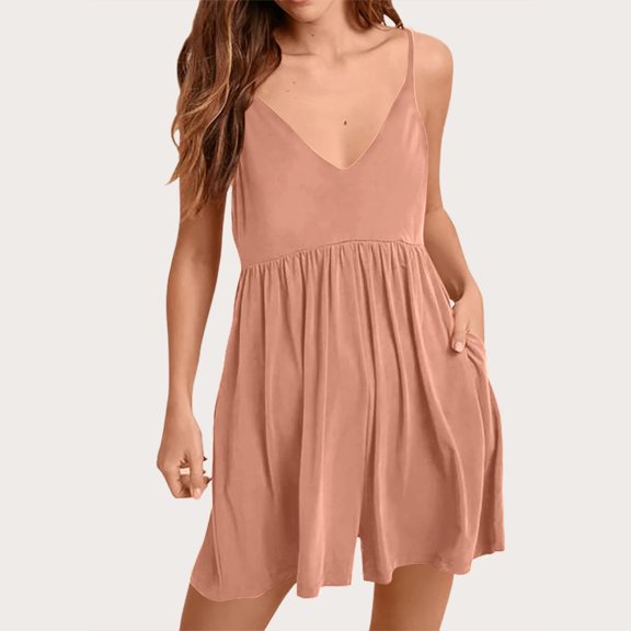 Tumotour Summer Tank Dress for Women Mini Dress Women'S Solid Color Casual Pocket Suspender Romper Shorts