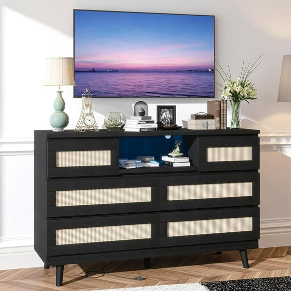 6 Drawer Dresser with Charge Station & LED Light, Rattan Dresser Wooden Dresser with Open Shelf Storage, for Bedroom Living Room Hallway, Black