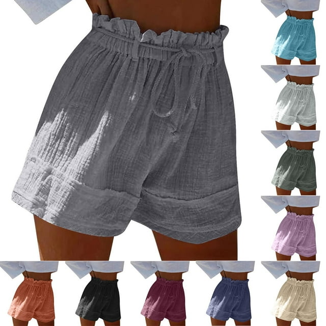 FNFYFH Walmart Weekend Deals Womens Cotton Linen Shorts Drawstring Elastic High Waisted Shorts Summer Loose Fit Comfy Solid Color Short Pants Fashion 2025,Gray S-XXL