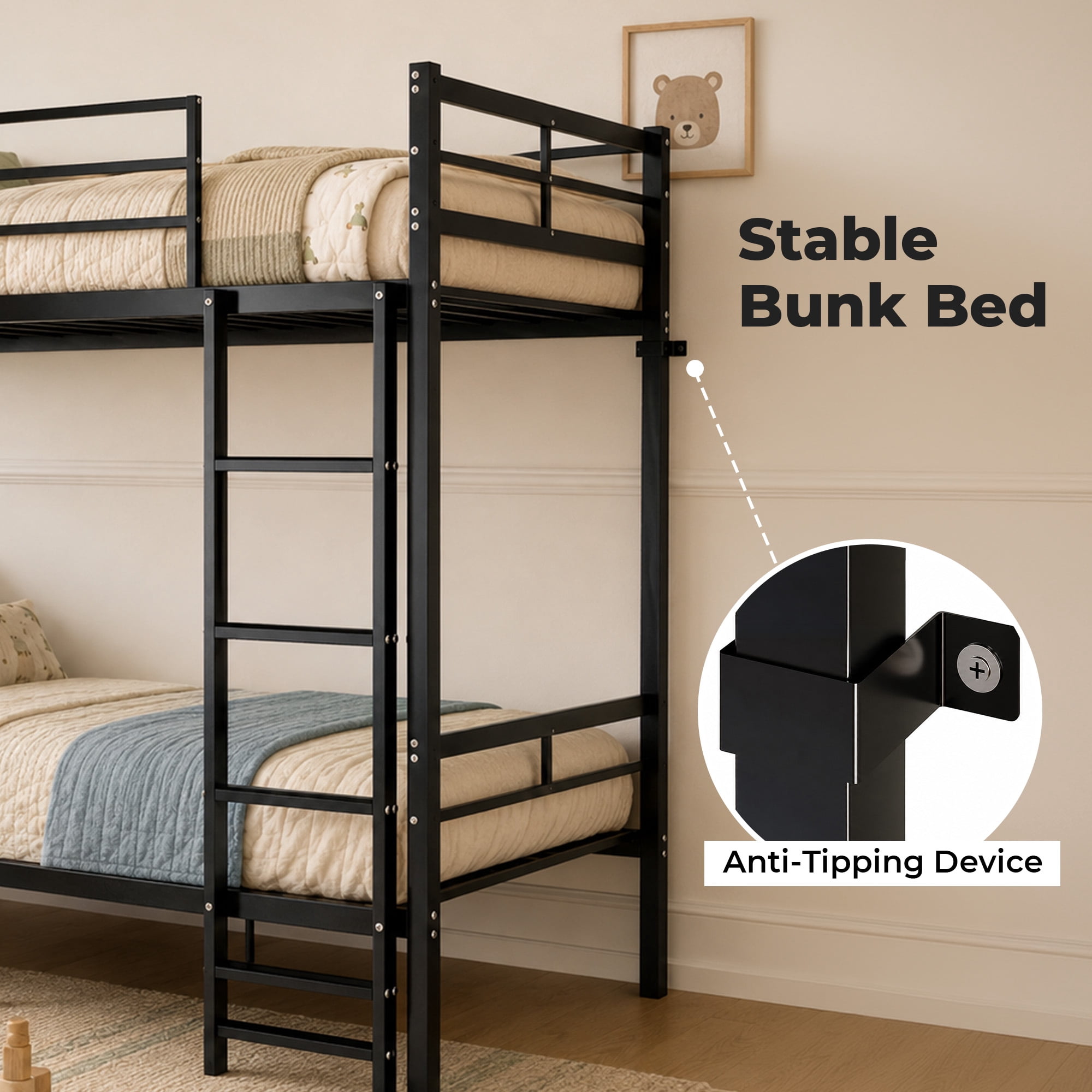 Alvantor Bunk Bed Twin over Twin, Metal Bunk Bed for Kids with Ladder and Anti-tip Bracket Black