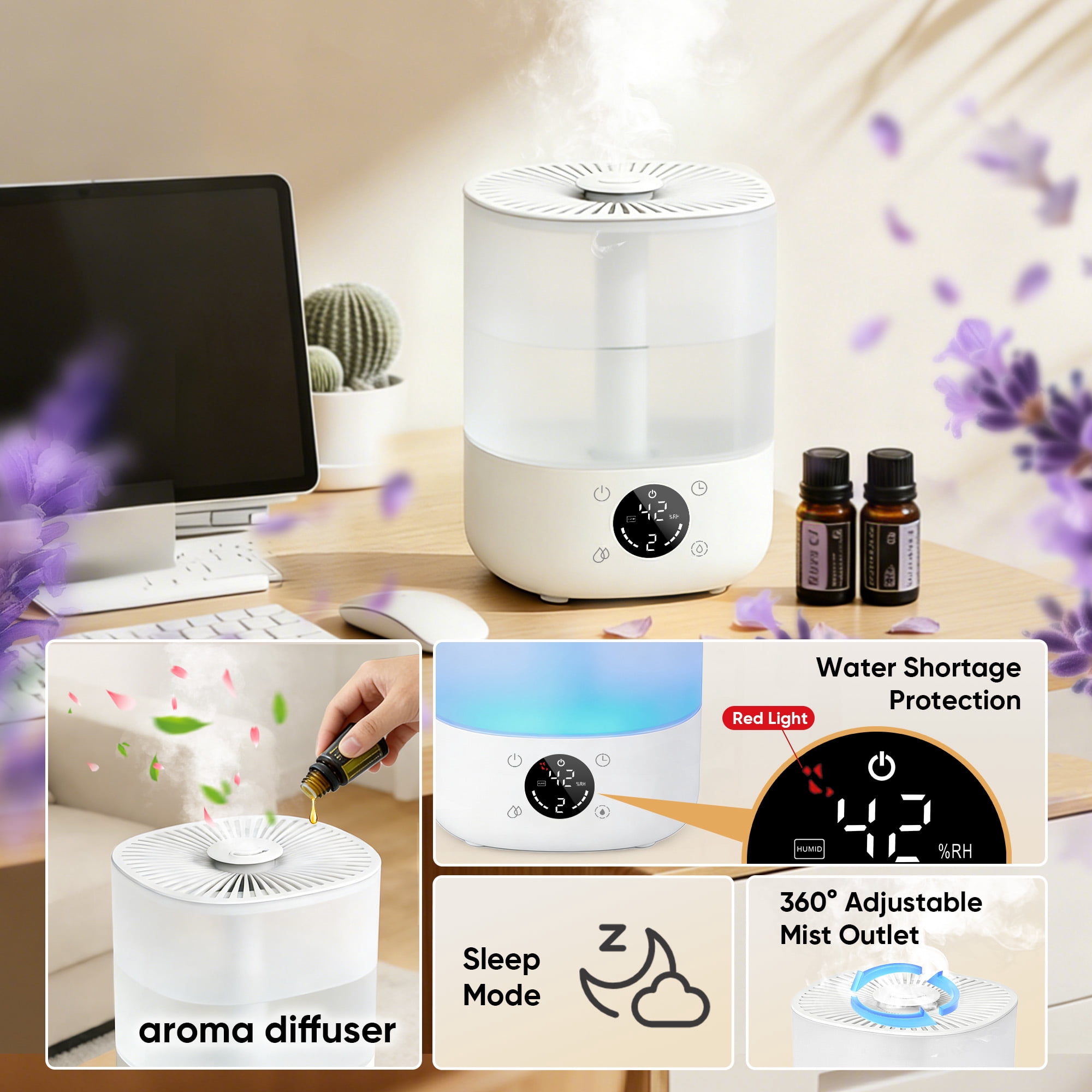 AIRFIRE 4L Cool Mist Humidifier with Auto Humidity Control and Timer for Large Room, Essential Oil Diffuser Air Humidifiers for Bedroom, Overnight Use, Quiet Run, Night Light, White