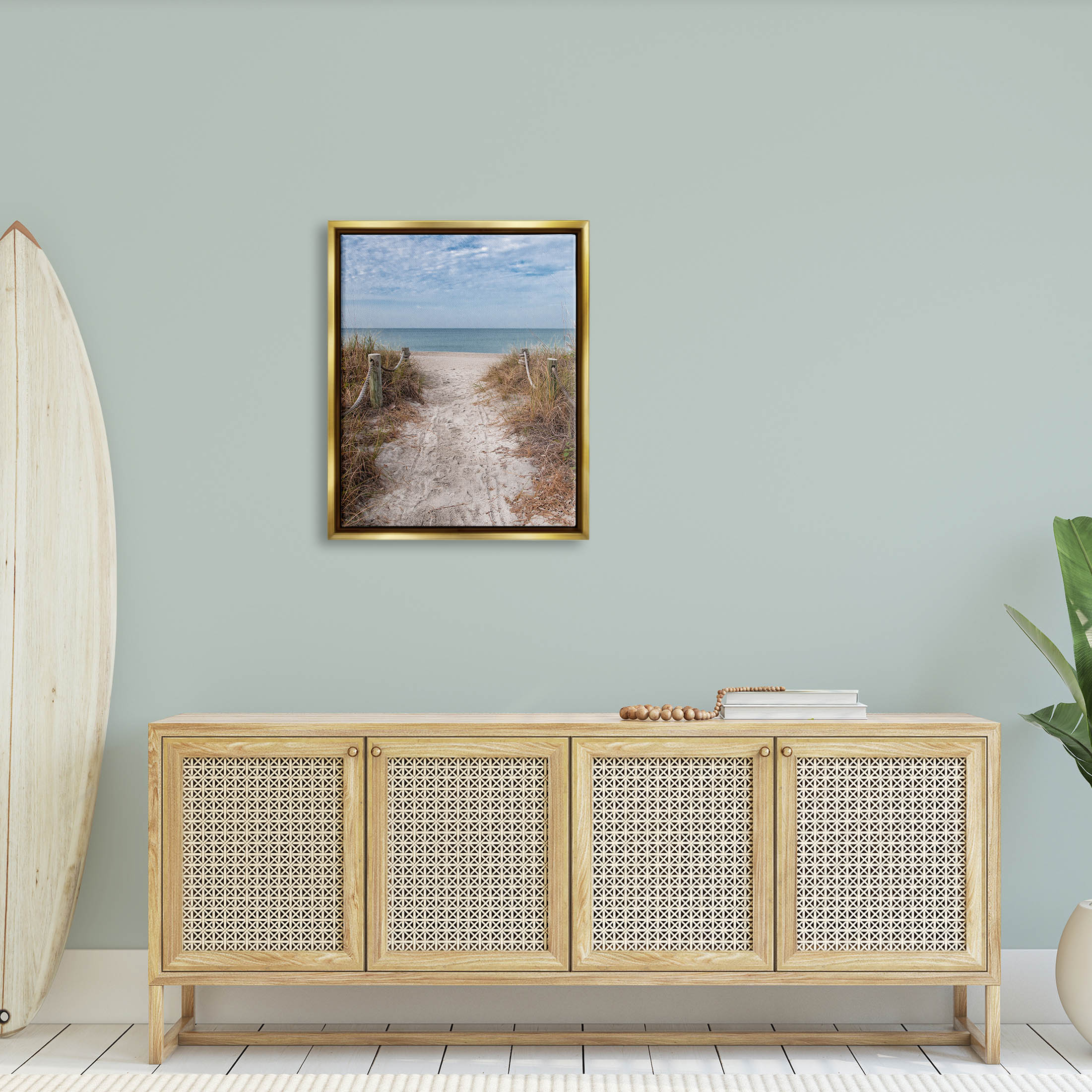 Stupell Industries Sandy Ocean Boardwalk Summer Horizon Photograph Metallic Gold Floating Framed Canvas Print Wall Art, Design by Mary Lou Photography