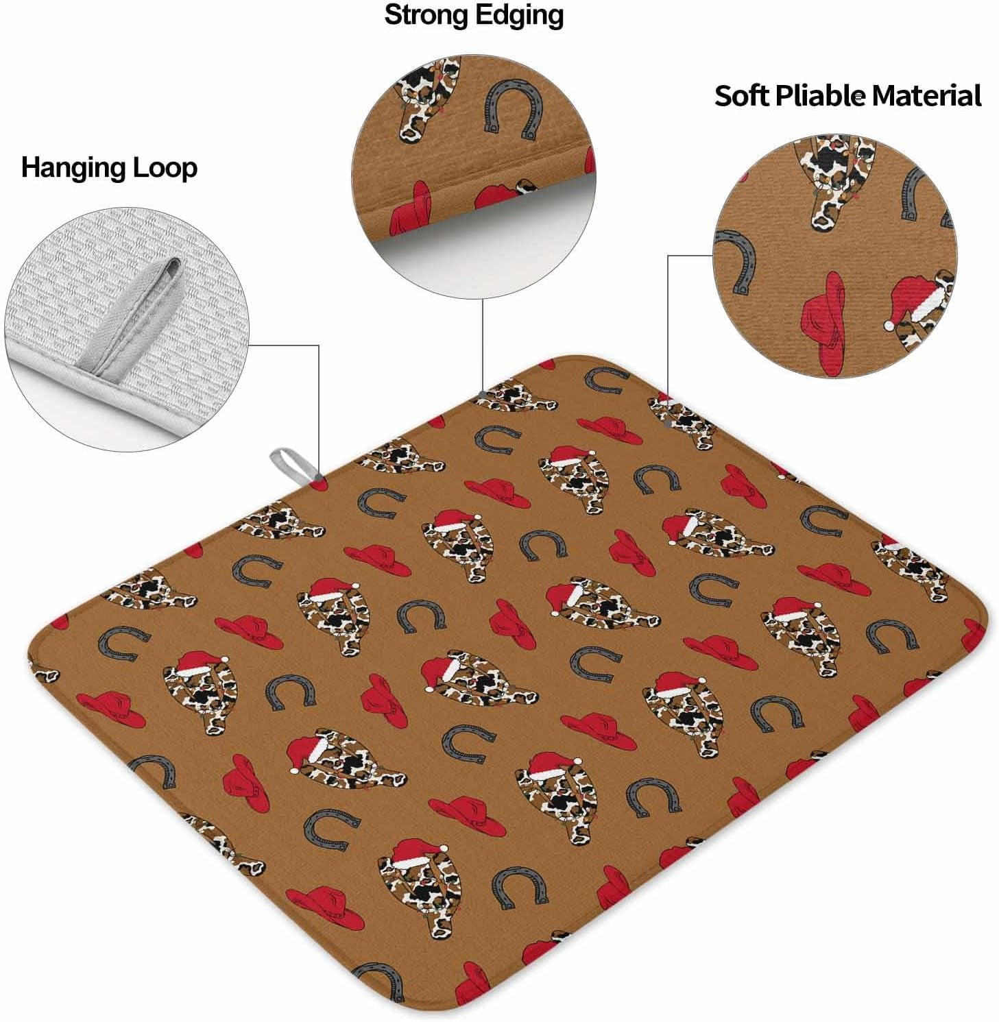 Cowboy Christmas Dish Drying Mat for Kitchen Counter, Western Brown Cactus Xmas Red Baby Bottle Microfiber Drying Pad, Absorbent Coffee Cup Dishes Drainer Mats 16"x18", 2 Pcs
