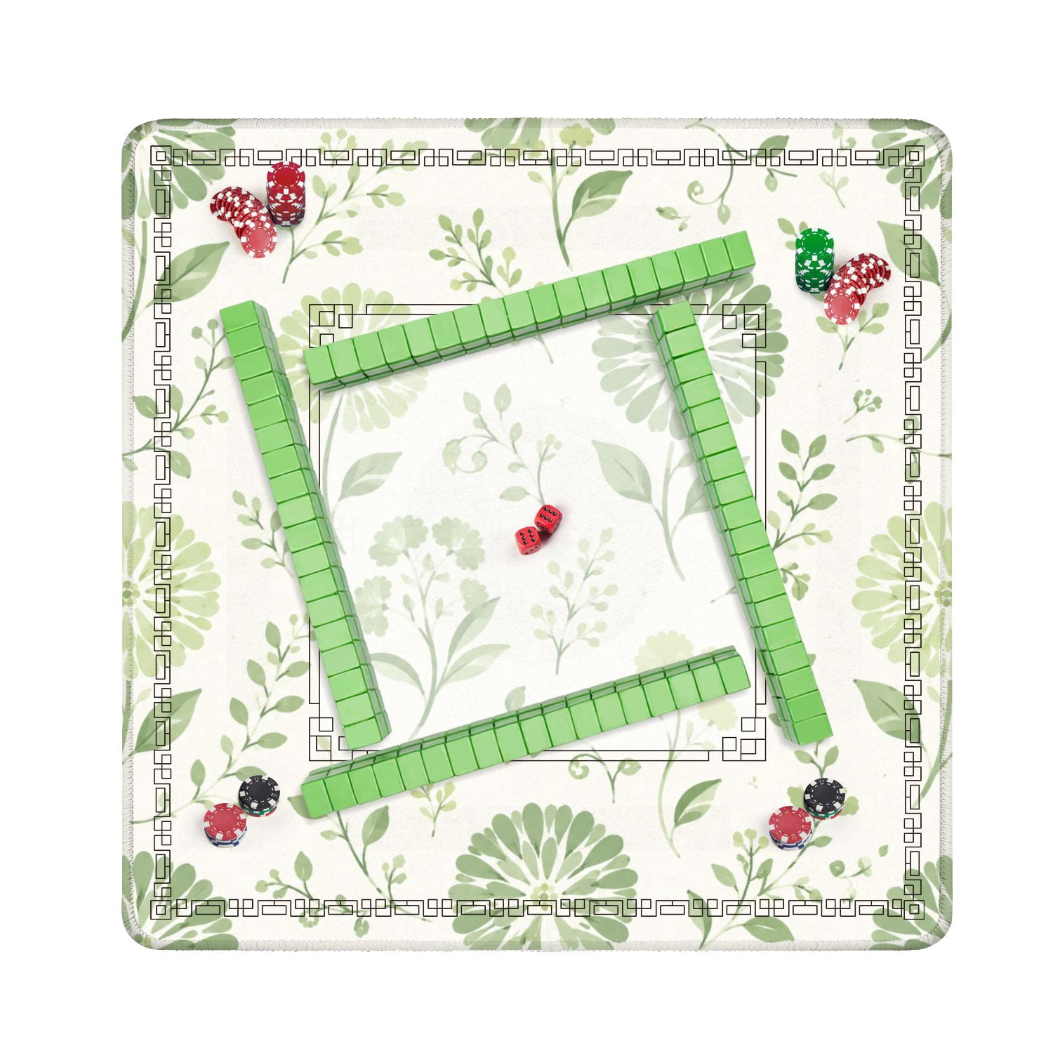 Mahjong Mat 31.5" x 31.5" Seamless Green Floral Botanical Elements Light Non-Slip Noise Reduction American Mahjong Tiles Table Cover for Dominoes Poker Card Board Games Gift