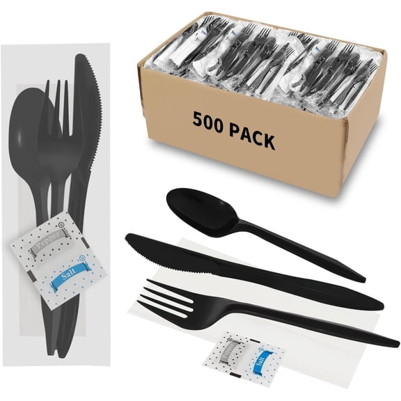 500 Pack Knife Fork Spoon Napkin Salt Pepper Sets, Individually Wrapped Black Plastic Cutlery Packets for Delivery, Cafeterias, Restaurants