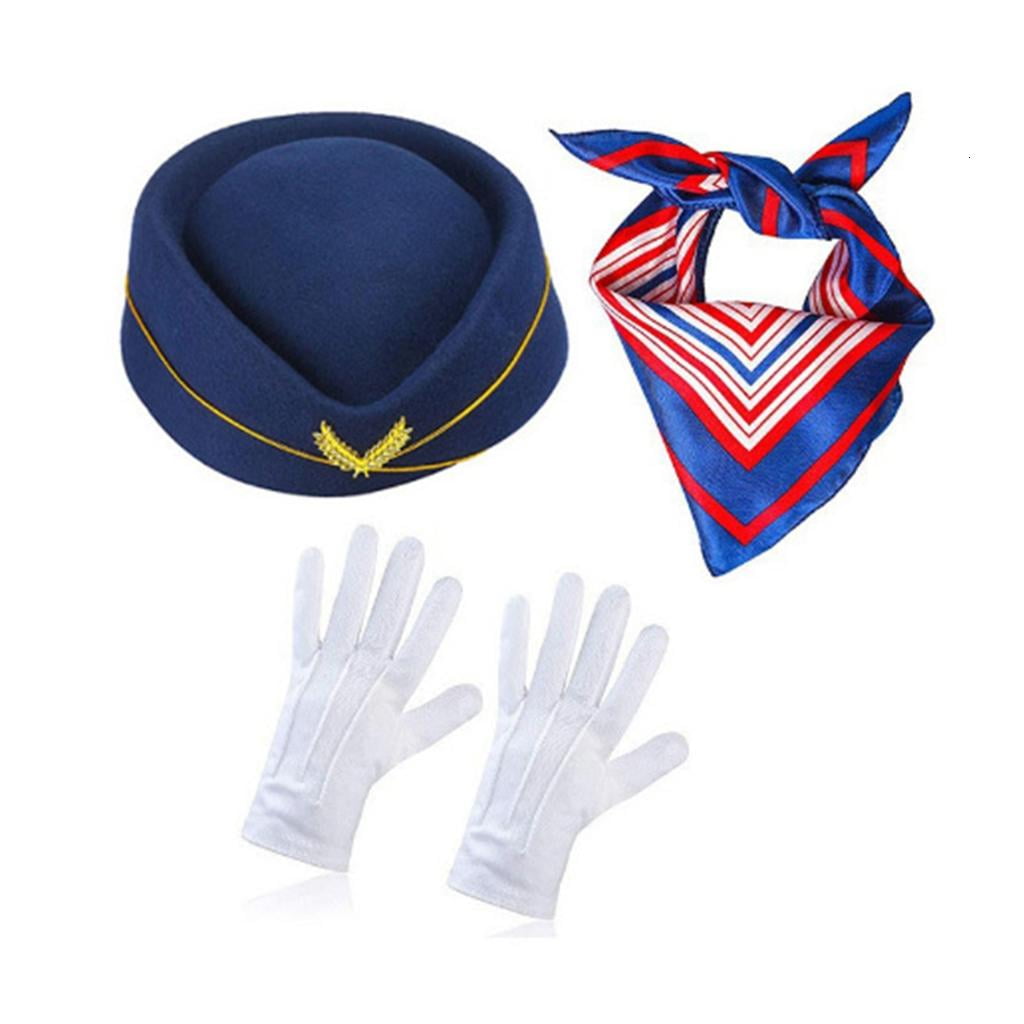 SDFGTstore 3Pcs Women's Flight Attendant Costume Accessories Stewardess Outfit Flight Attendant Hat Scarf Glove for Adults Gifts