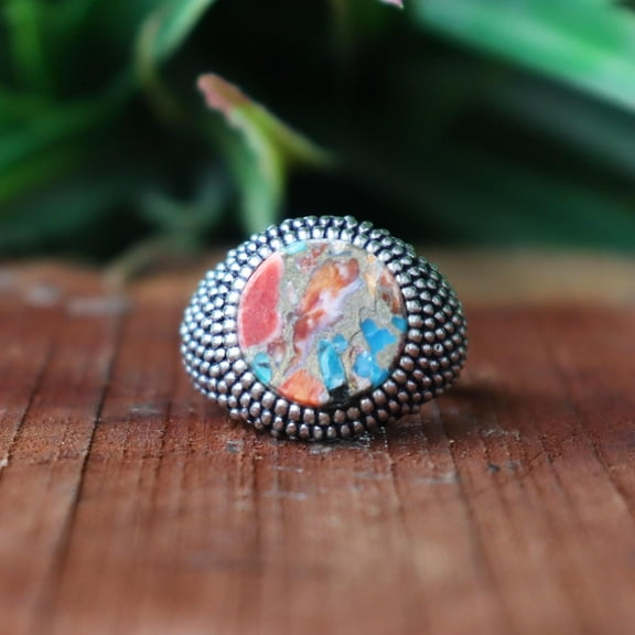 Oyster Copper Turquoise Ring, 925 Sterling Silver Ring, Round Cut Stone, Beaded Ring, Statement Ring, Minimalist Ring, Personalized Gift***