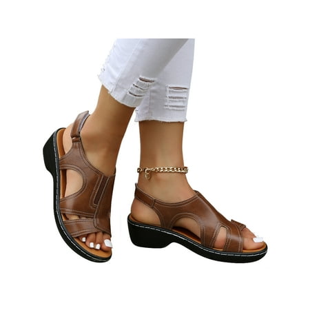

Bellella Women Sandal Beach Casual Shoes Stitching Wedge Sandals Magic Tape Work Walking Brown 5.5