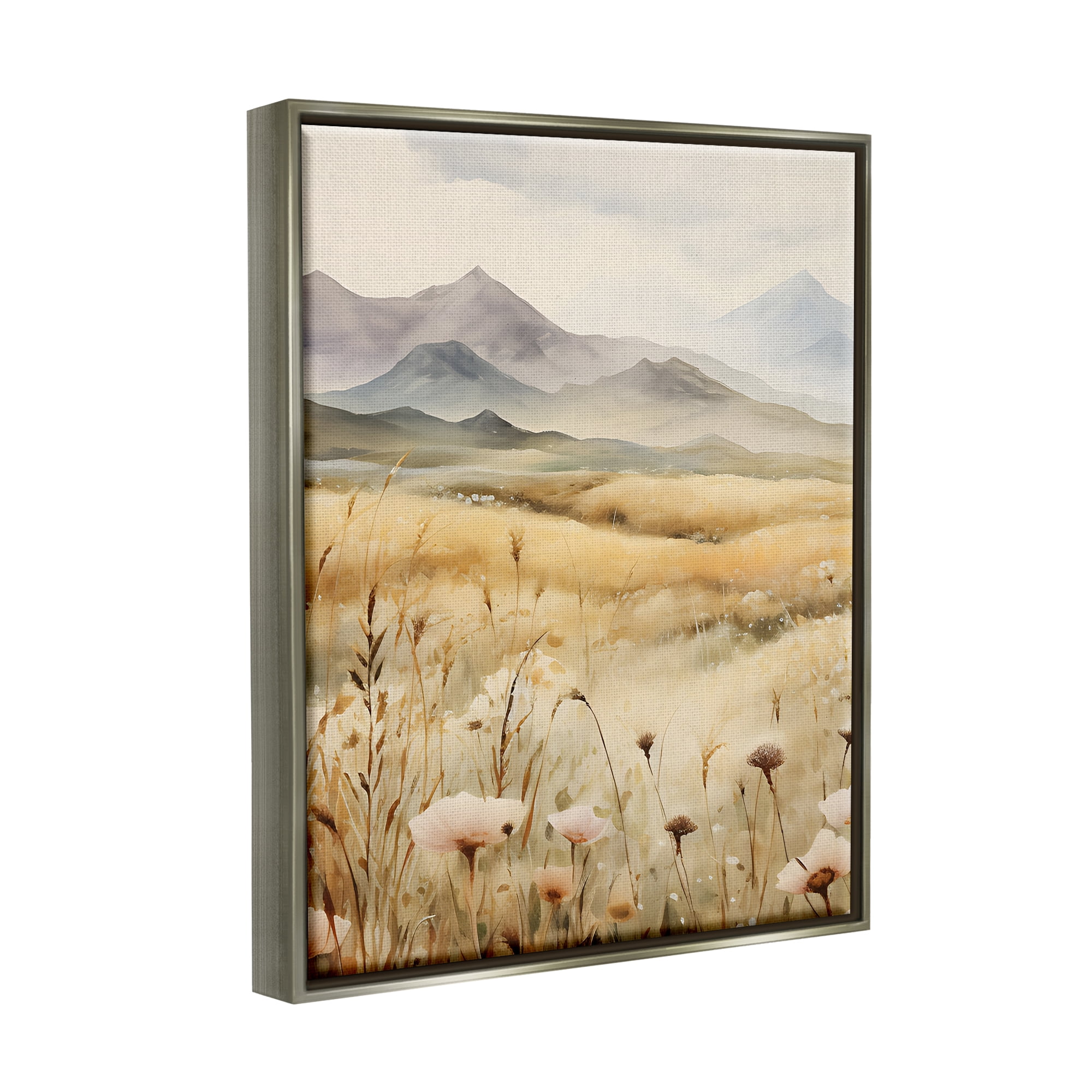 Stupell Industries Soft Mountainside Meadow Landscape Painting Gray Floater Framed Canvas Art Print Wall Art, 25 x 31