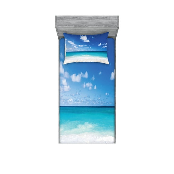 Ambesonne Ocean Fitted Sheet & Pillow Sham Set, Barbados Coastline Summer, Twinxl, Blue Aqua Coconut