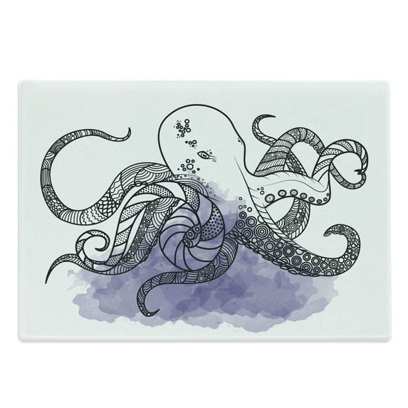 Octopus Cutting Board, Line Art Drawing Style Marine Creature with Ornaments, Decorative Tempered Glass Cutting and Serving Board, Large Size, Lavender Black and White, by Ambesonne