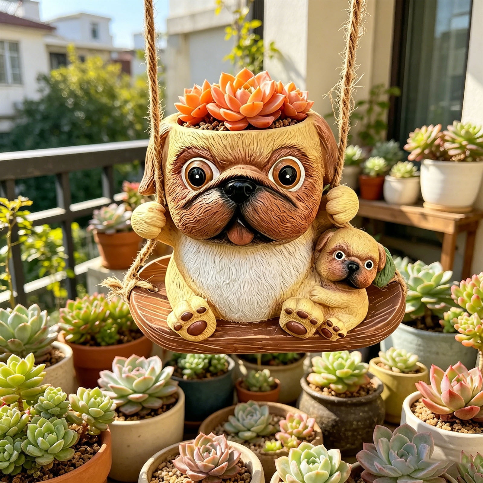 Cute Resin Pug & Baby Dog Hanging Planter – Succulent Pot for Indoor/Outdoor, Balcony Garden Decor, Jute Rope Included, Gift for Dog Lovers