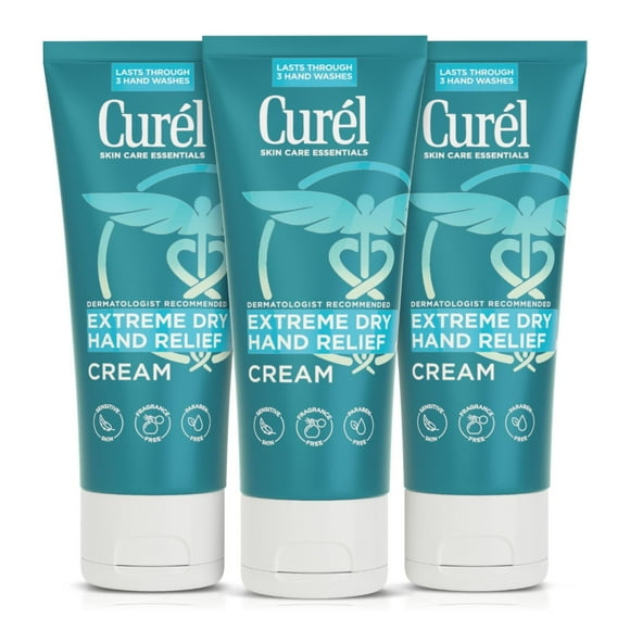 Curel Extreme Dry Hand Relief Crema de larga duración recomendada por dermatólogos para manos secas Loción para manos sin fragancia y sin parabenos, 3 onzas, paquete de 3