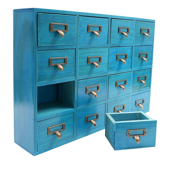16 Drawers Apothecary Cabinet with Metal Handles,Wooden Herb Storage Cabinet,Countertop Library Card Catalog Cabinet,Desk Drawer Organizer,Blue