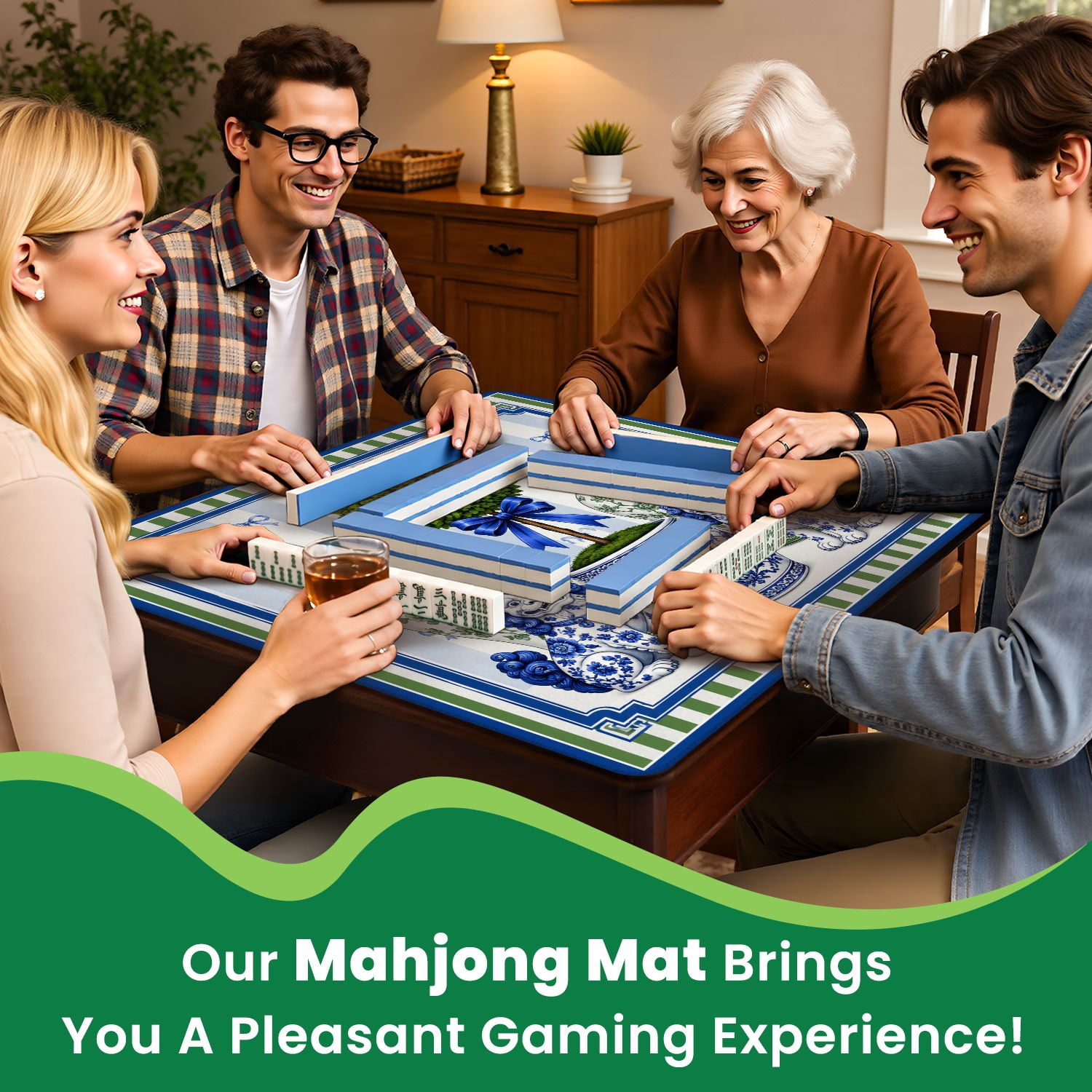 Mahjong Mat 31.5" x 31.5" Blue Green Floral Design Topiary Trees Dog Motif Elegant Frame Non-Slip Noise Reduction Chic Portable Gaming Table Cover for Family Game Night & Gift