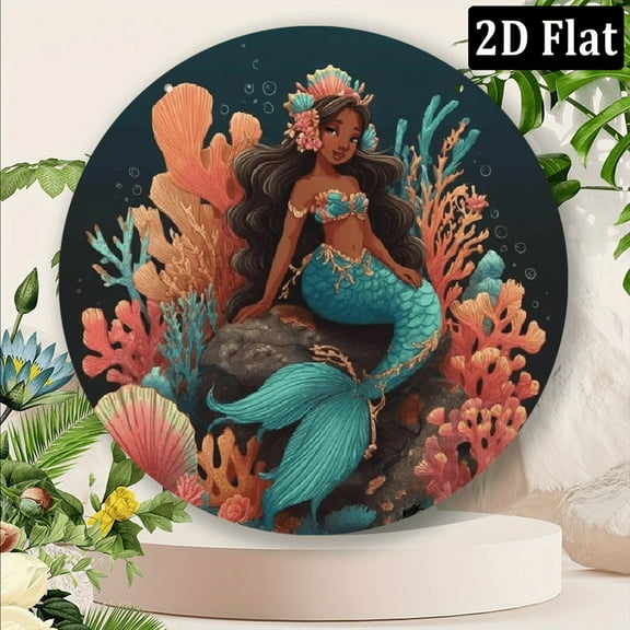 Ullo0ord 2D Flat African American Mermaid Coral Round Tin Sign Vintage Painting Wall Metal Poster Plaque Wall Decoration for Home Yard