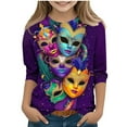 thumbnail image 2 of Riecok Mardi Gras Outfit Girl Masquerade Mask Sparkly Sequins Print 3/4 Sleeve Crew Neck Comfortable Loose Fashion Mardi Gras Shirts for Kids 5-6 T Multicolor, 2 of 5