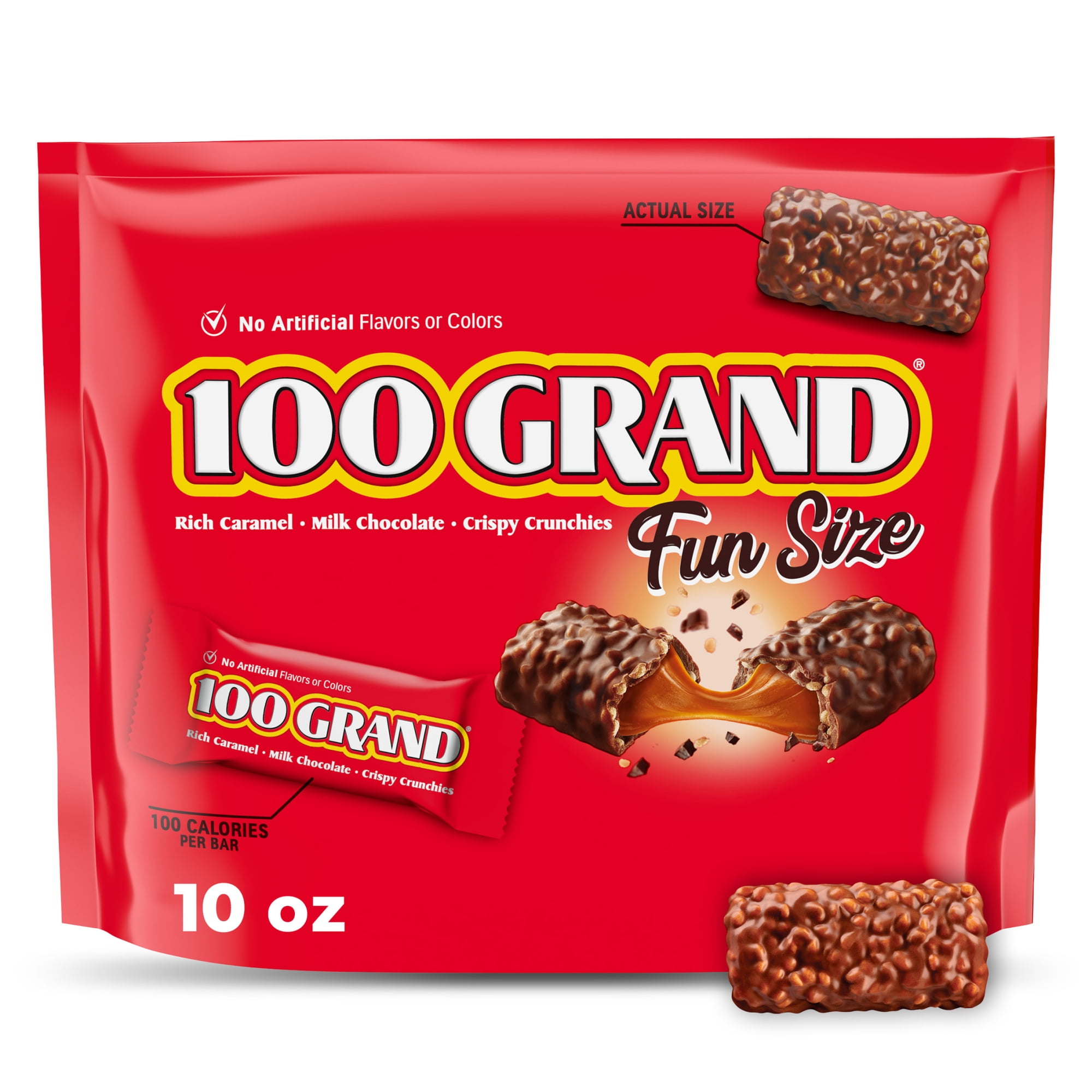 100 Grand Candy Bar, Milk Chocolate with Rich Caramel and Crunchies, Fun Size Chocolate Bars, 10 oz
