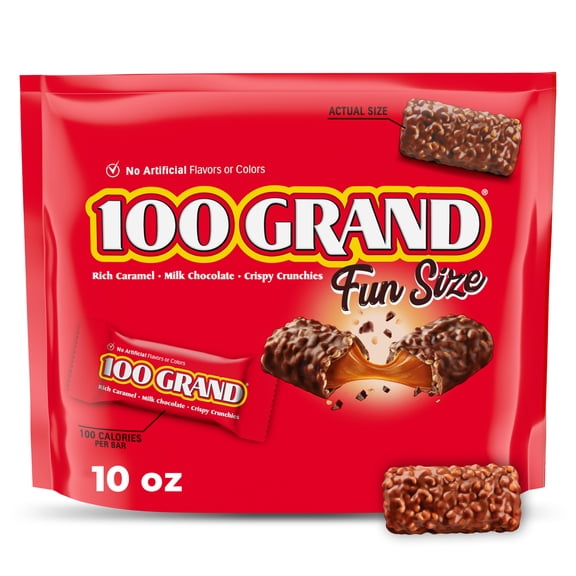 100 Grand Candy Bar, Milk Chocolate with Rich Caramel and Crunchies, Fun Size Chocolate Bars, 10 oz