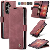ShellTech for Samsung Galaxy Z Fold 7 Leather TPU Slim Case,Classic Design Leather Wallet Magnetic Closure Flip Case with Kickstand Card Holder Slot Shockproof Protective Cover,Winered