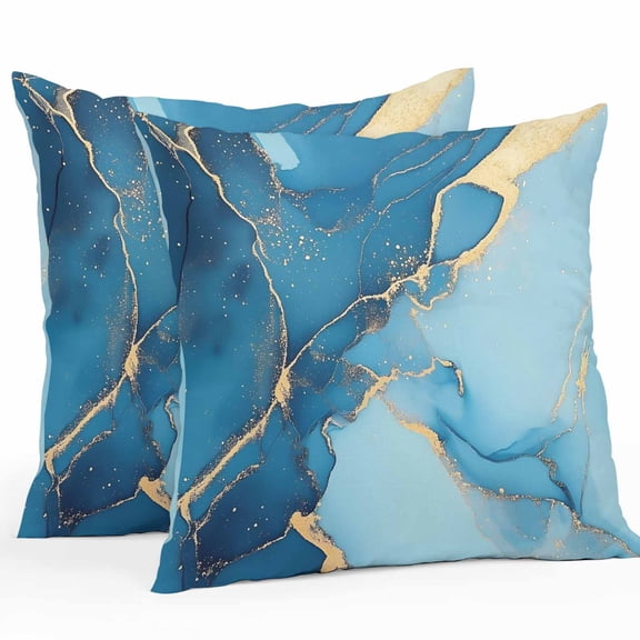 Abstract Art Outdoor Pillow Covers Pack of 2 Teal Blue Marble Stone Gold Cracks Modern Waterproof Throw Pillow Covers Decorative Cushion Cases for Patio Garden Tent Balcony Couch 16x16 inch