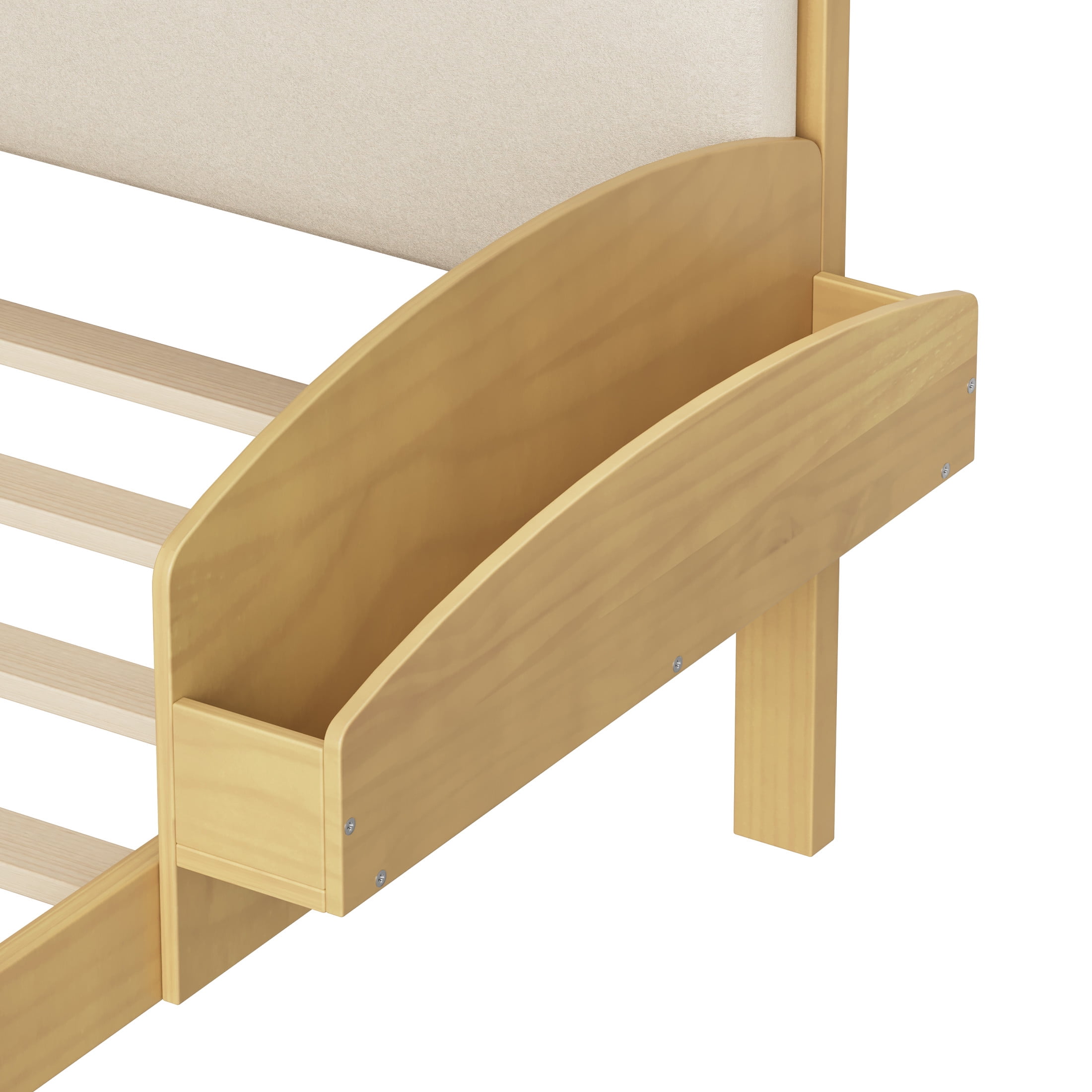 Noble House Twin Size Platform Bed with Curved Padded Headboard, Side Storage Shelves, Natural