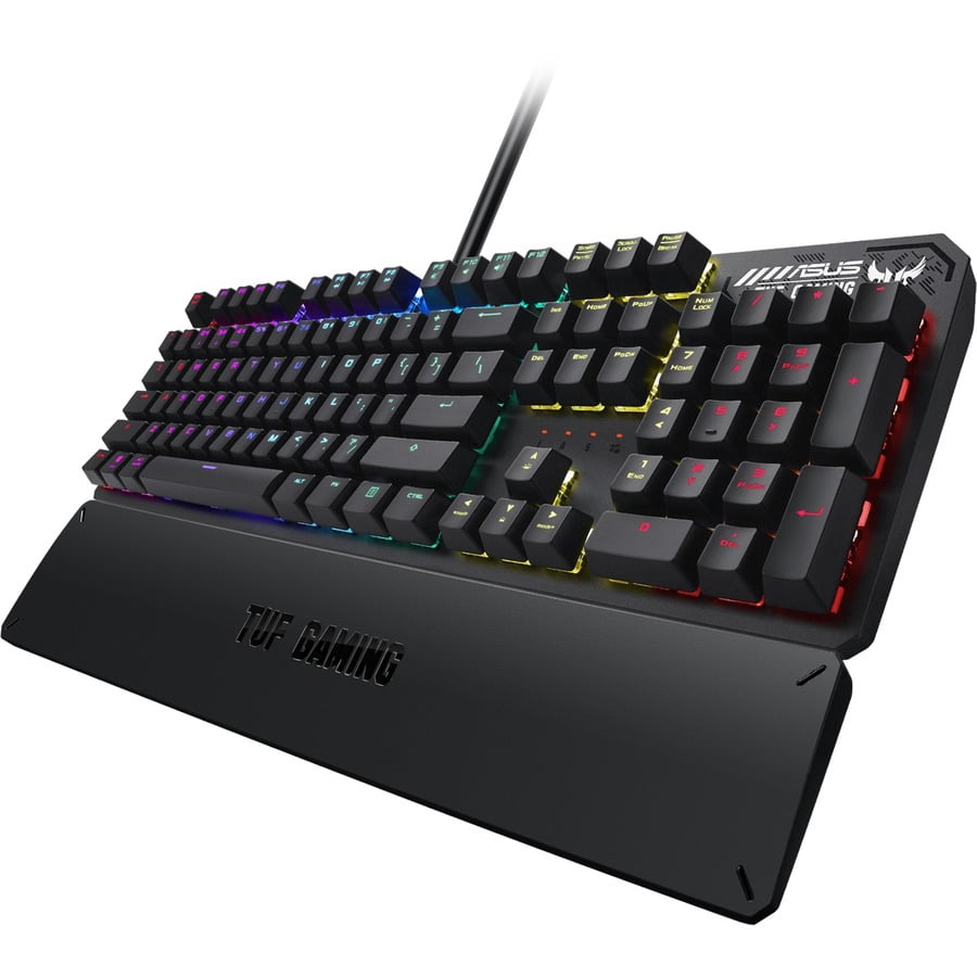 ASUS TUF Gaming K3 RGB mechanical keyboard with N-key rollover, combination media keys, USB 2.0 pass through, aluminum-alloy top cover, wrist rest, eight programmable macro keys and Aura Sync lighti