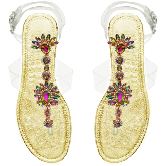 Shoe'N Tale Women's Rhinestone Flat Clear Sandals Strap Buckle Gladiator Snakeskin Shoes Comfortable Low Heel Flip Flops