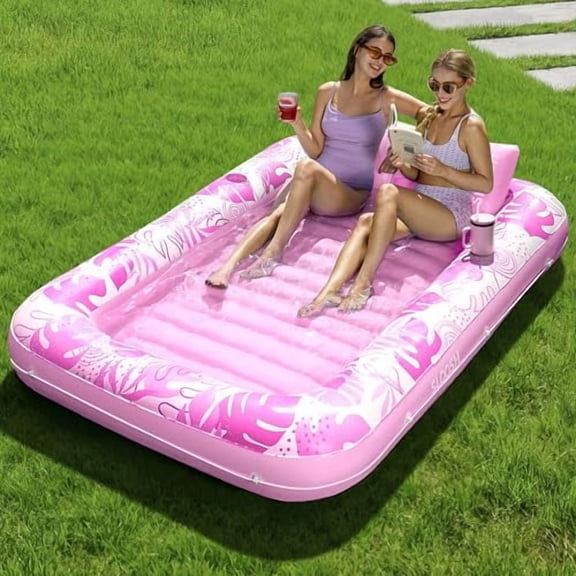4 in 1 Inflatable Tanning Pool Lounger Float for Adults, 70" x 46" Sunbathing Bed Raft Floatie with Comfort Pillow, Pink
