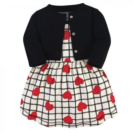 UPC: 0660168614282 | Touched by Nature Baby and Toddler Girl Organic Cotton Dress and Cardigan 2pc Set Black Red Heart 4 Toddler
