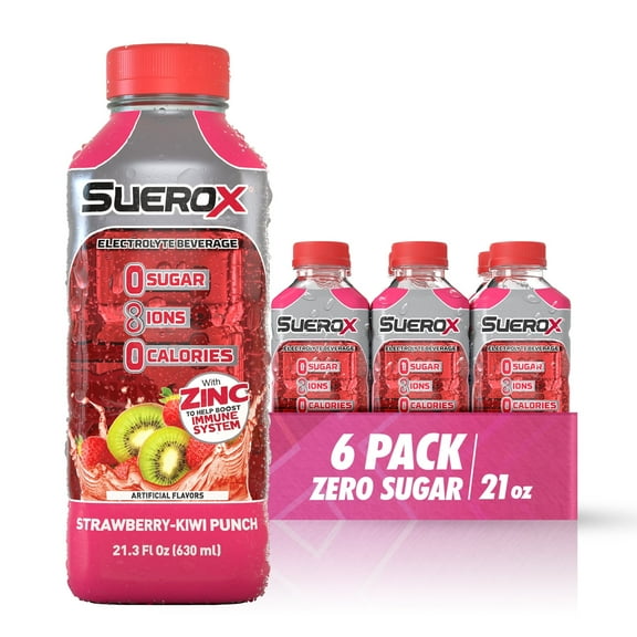 SueroX Zero Sugar Electrolyte Drink for Hydration and Recovery, Strawberry-Kiwi Punch, 21 oz (6 Pack)