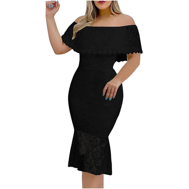 Gibobby Vestidos para Mujer Casuales Vestido de hombro sin tirantes de color sólido con borlas de encaje ajustado y temperamento sexy para mujer(Negro,G)