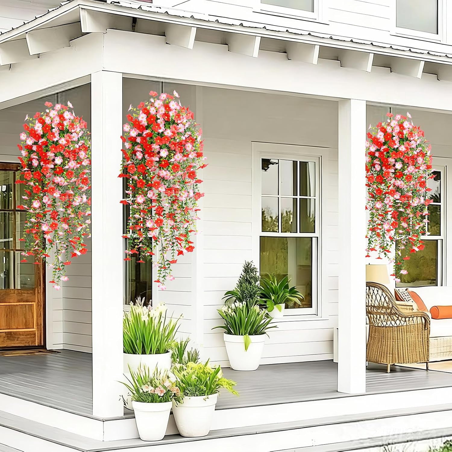 Yastouay 4pcs Artificial Hanging Flowers for Outdoors, UV Resistant Fake Flowers,Red Violet Outdoor Faux Plants for Garden Balcony Yard Porch