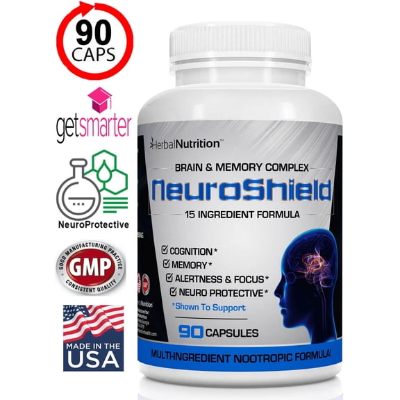 Brain Booster Supplement NeuroShield Advanced Memory Formula with Bacopa, Huperzine-A and More One Bottle