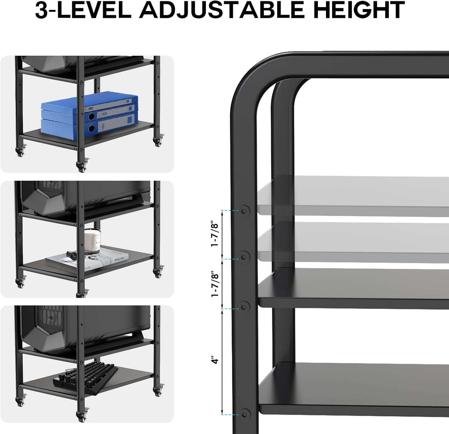 360Tronix Height Adjustable Computer Tower Stand, Metal Rolling Cart on Wheels for ATX Case Printer, Black Round Tube