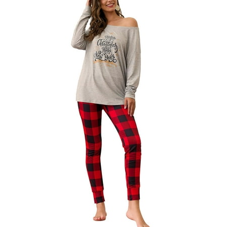 

Beiwei Women Christmas Pajamas Long Sleeve Pjs with Plaid Pants 7 Piece Pjs Off Shoulder Sleepwear Loungewear Set