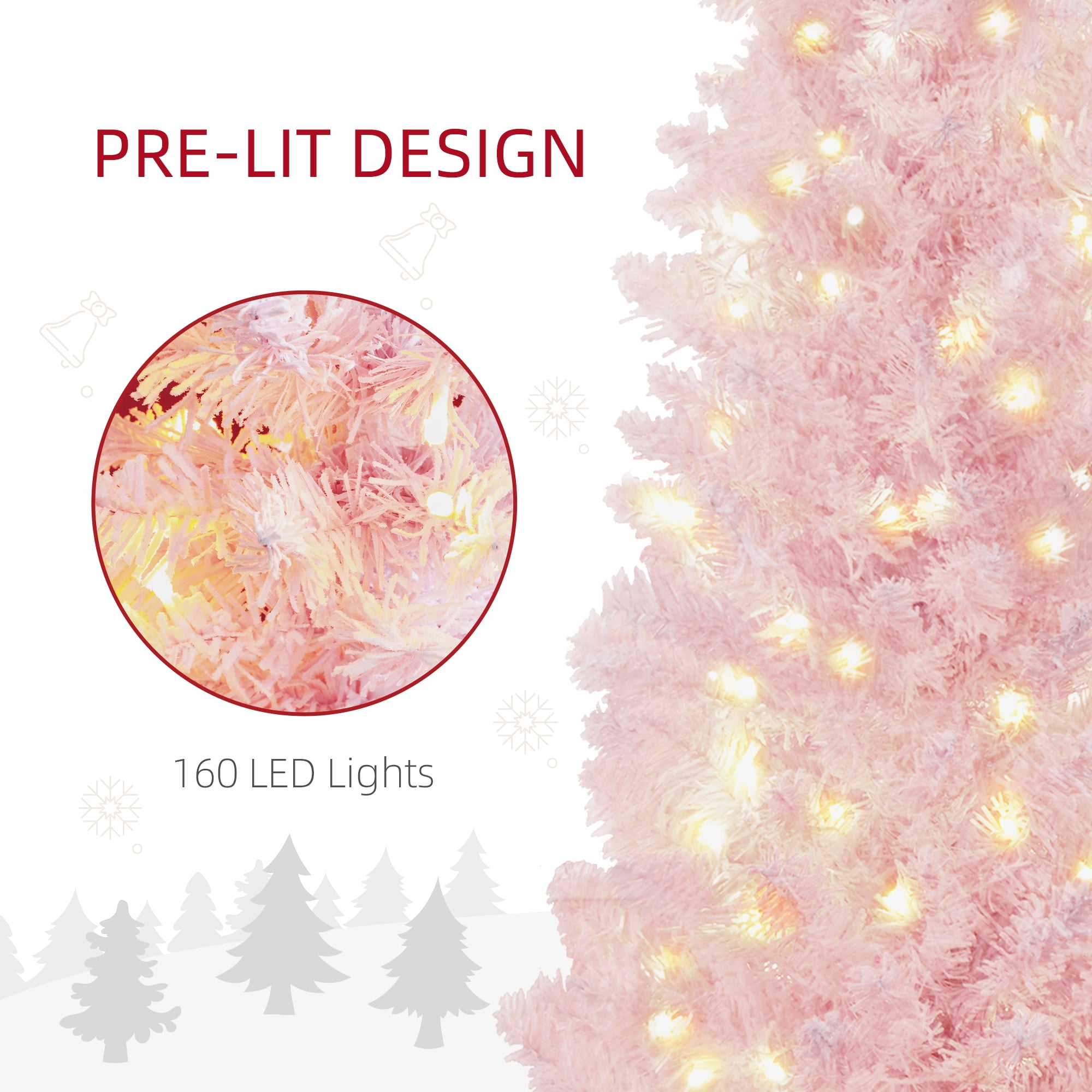 5FT Pink White Snow-Flocked Artificial Christmas Tree, 294 Tips 160 Warm White LEDs, Slim Pencil Design, Flame Retardant Steel Base, Indoor Holiday Decor