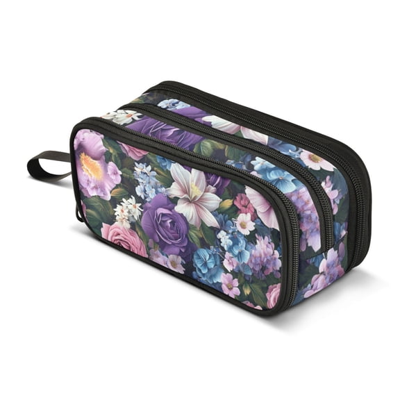 FORMRS Pencil Case with 3 Compartments Zipper Pouch, Elementary School Level and up, Pink and Purple Flowers
