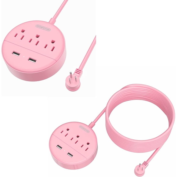 15FT and 5 FT Long Extension Cord Power Strip with USB Bundle, Pink Charging Station with 3 Outlets and 2 USB, Travel Power Strip Flat Plug, Wall Mount for Home Office Dorm Room Cruise Ship