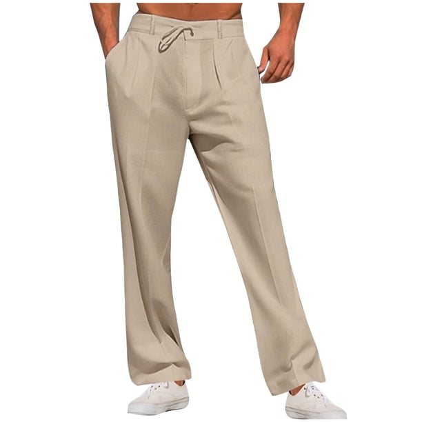 Pantalones largos para hombre, moda informal, lino liso, holgados, elásticos, con cordón, transpirables, para playa