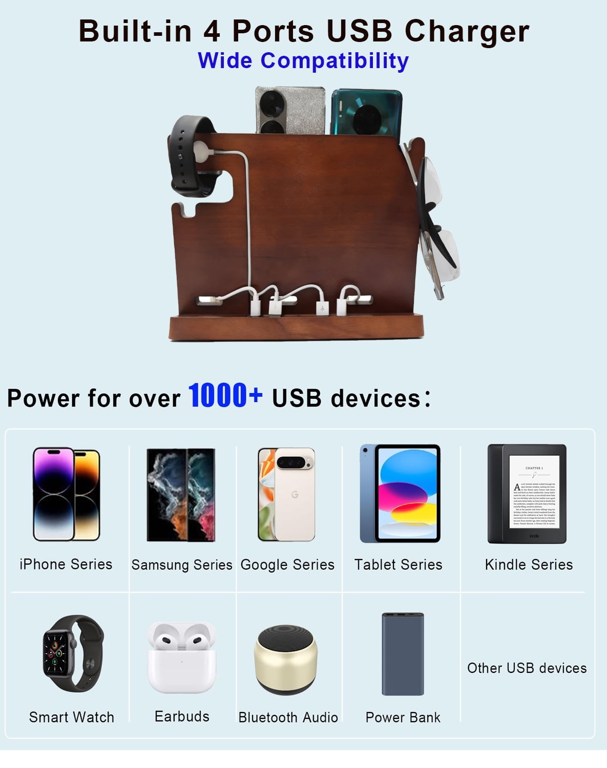 Nightstand Organizer Built-in Type C Charger Fast Charging,2 USB C & 2 USB A Charging Station for Multiple Devices Apple Samsung Google, Wood Phone Stand for Desk,Anniversary Birthday Gifts For