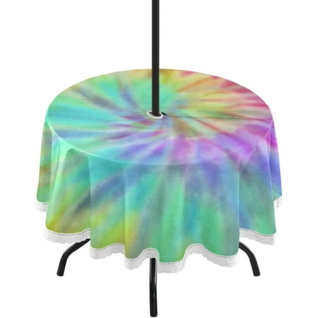 Coolnut Tie Dye Round Tablecloth 60" Outdoor Table Covers with Umbrella Hole and Zipper for Kitchen Dining Picnic Party Home Decor